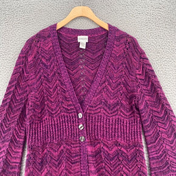 Chicos Sweater Womens 2 US Large Purple Marled Knit Stretch Cardigan Button Up - Picture 2 of 9